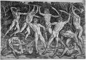 Battle of the Nude Men by Antonio del Pollaiuolo, 1465–1475. Engraving 42.4 x 60.9 cm